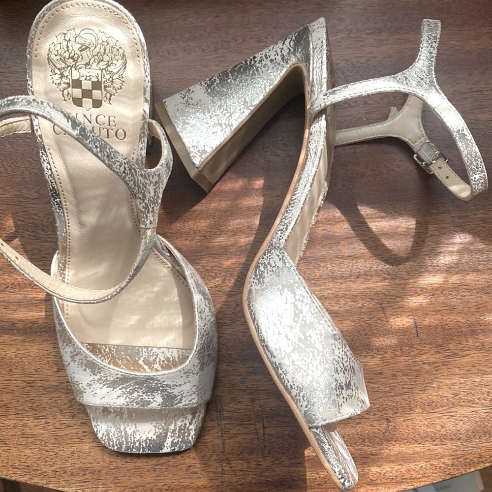 Gold Vince Camuto heeled sandal.